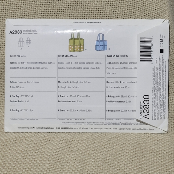 Vintage Simplicity It's So Easy Tote Bag Pattern A2830 - Picture 2 of 5